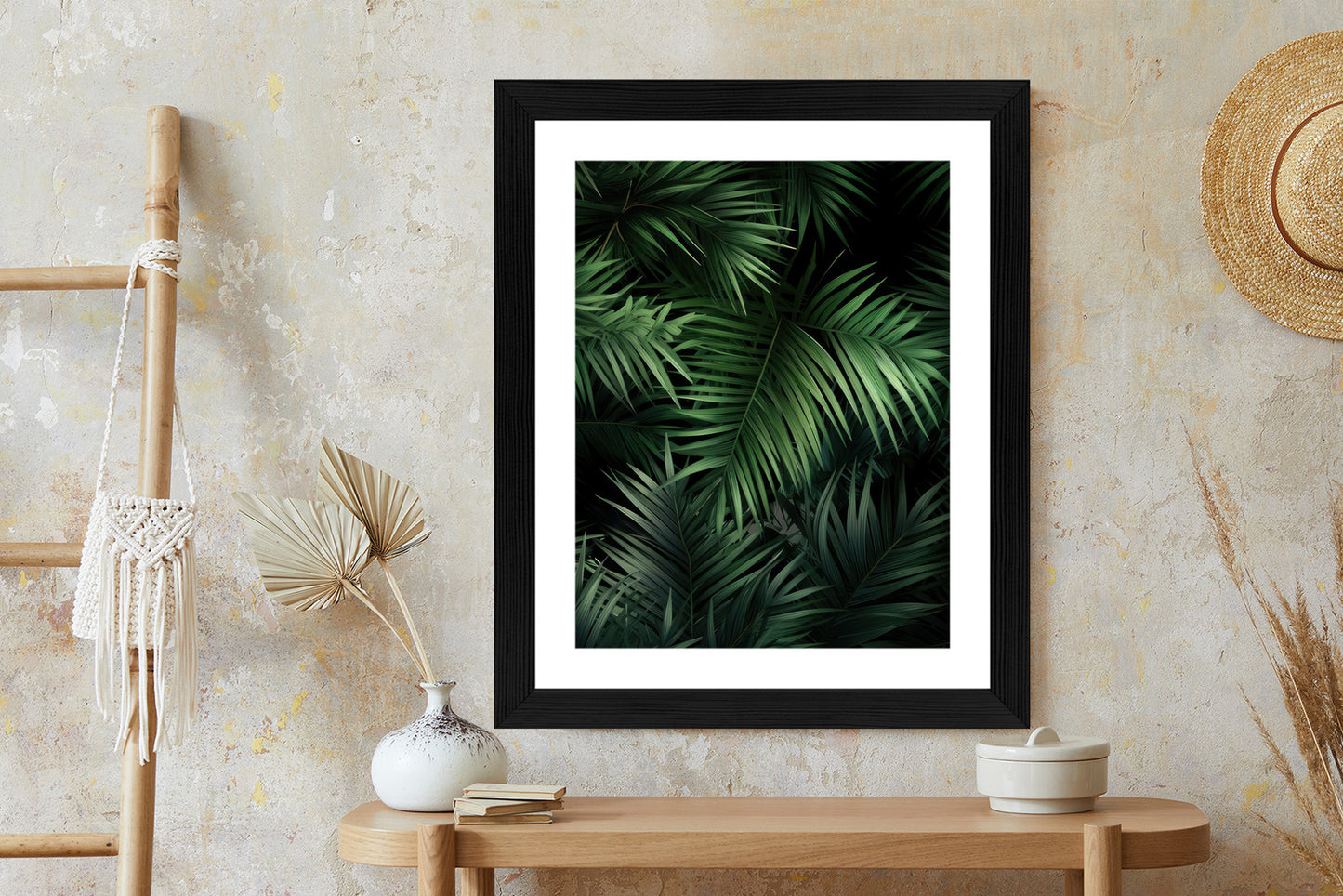 Poster Dunkle Bambusblätter Rahmen Holz Mit Passepartout Farbe Natürlich