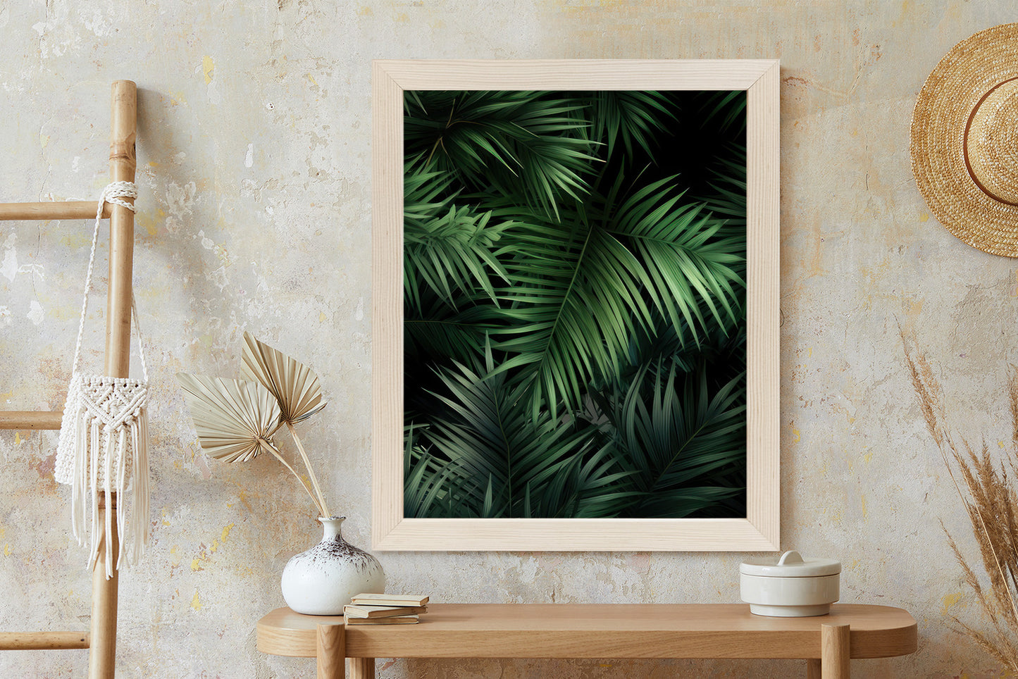 Poster Dunkle Bambusblätter Rahmen Holz Mit Passepartout Farbe Natürlich