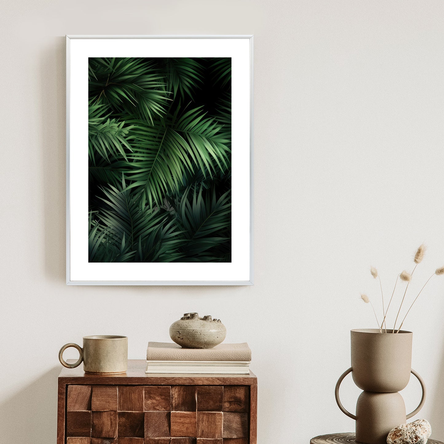 Poster Dunkle Bambusblätter Rahmen Holz Mit Passepartout Farbe Natürlich