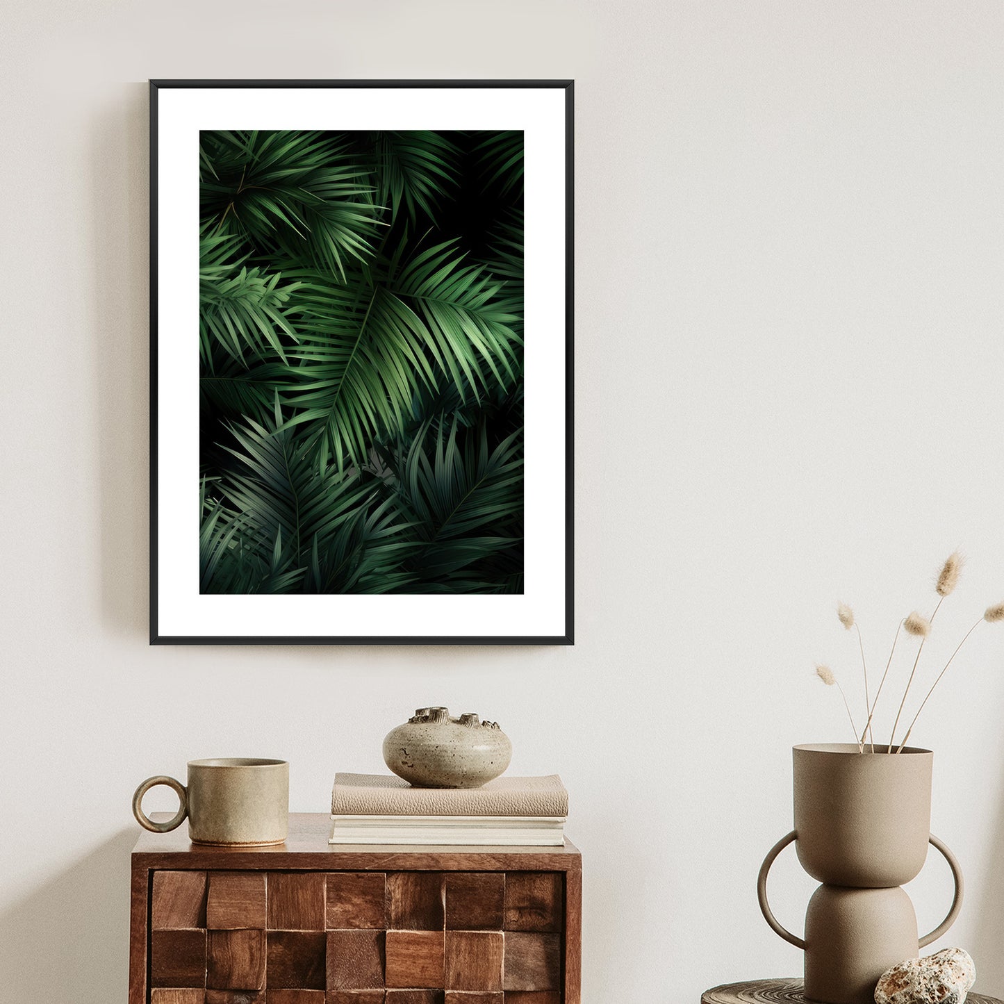 Poster Dunkle Bambusblätter Rahmen Holz Mit Passepartout Farbe Natürlich