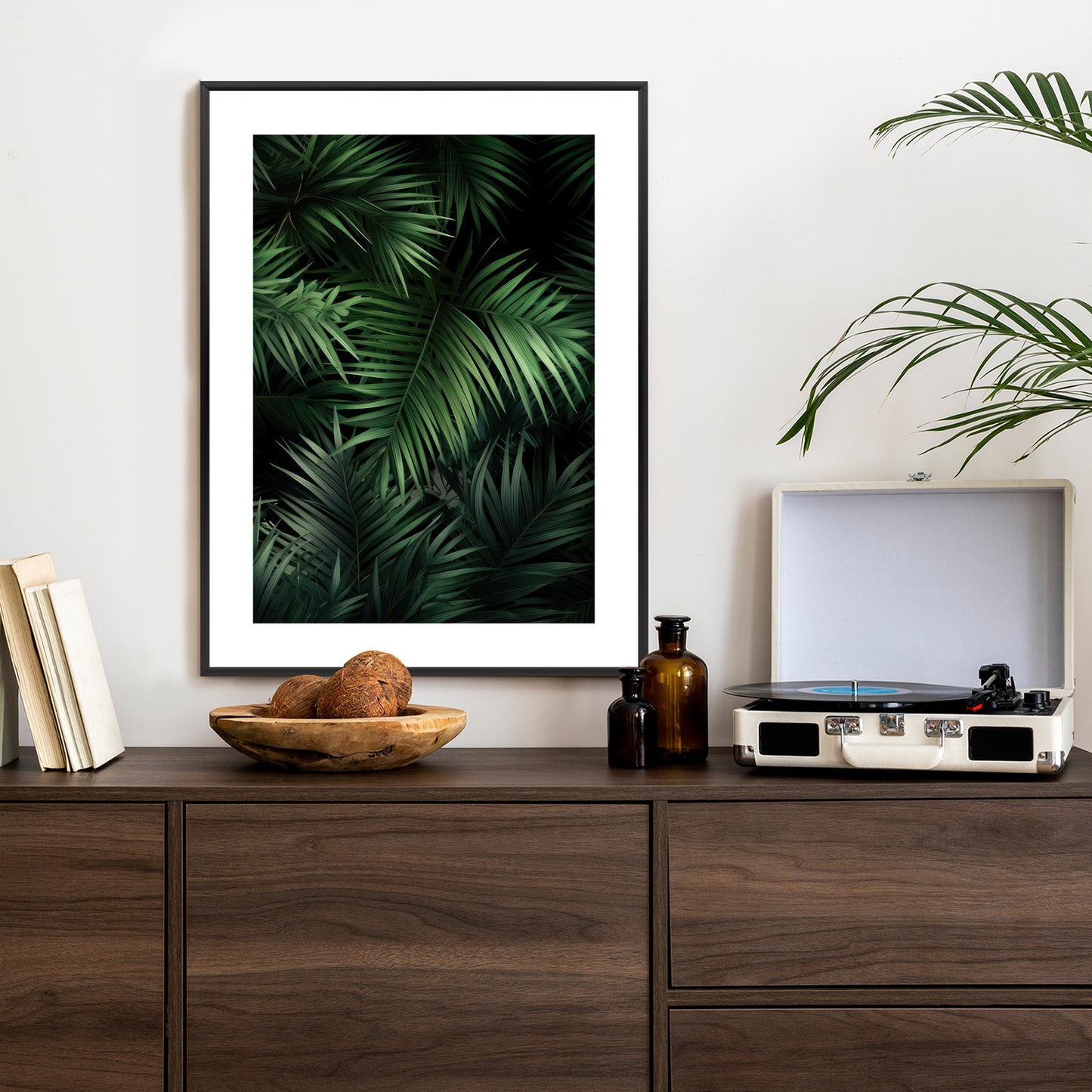 Poster Dunkle Bambusblätter Rahmen Holz Mit Passepartout Farbe Natürlich