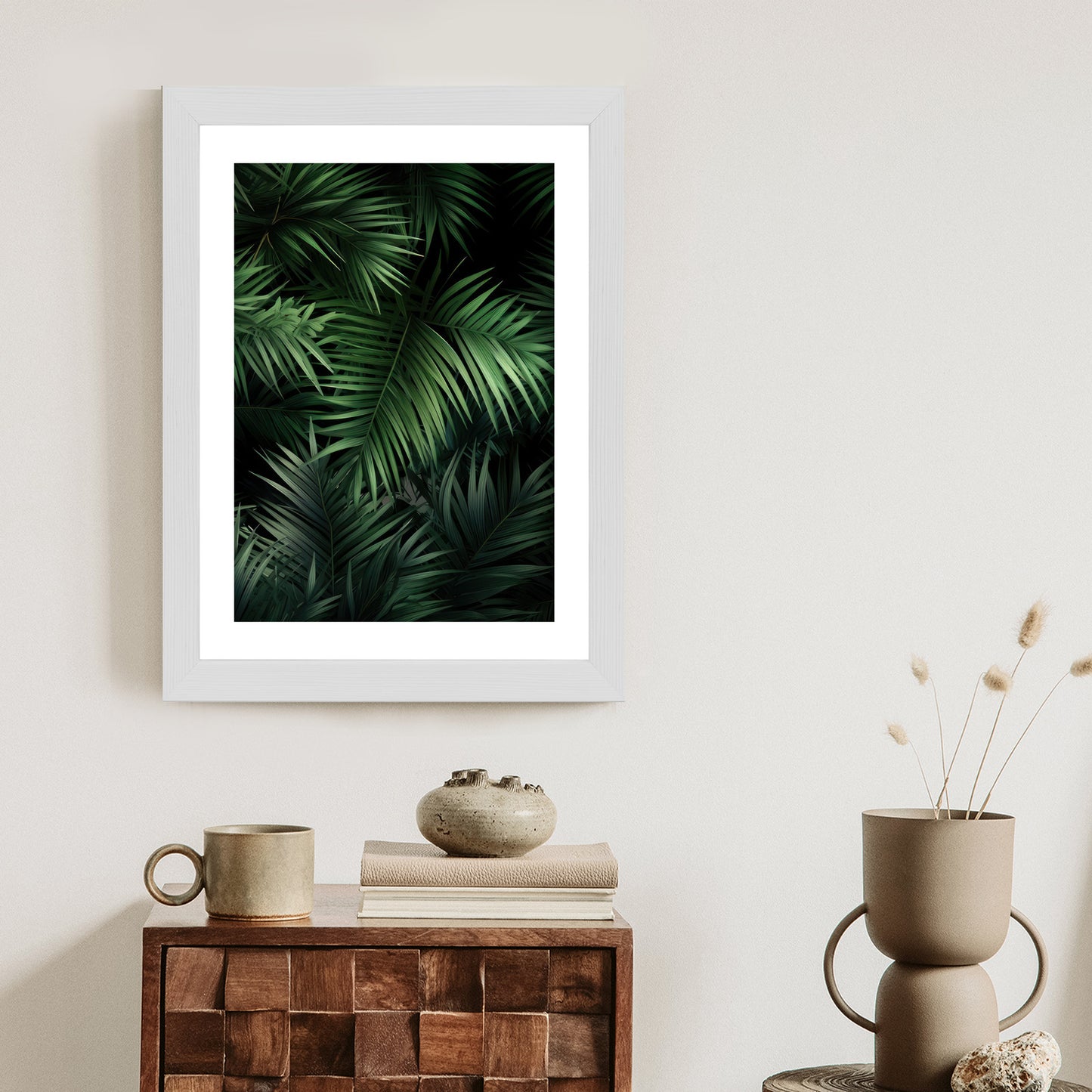 Poster Dunkle Bambusblätter Rahmen Holz Mit Passepartout Farbe Natürlich
