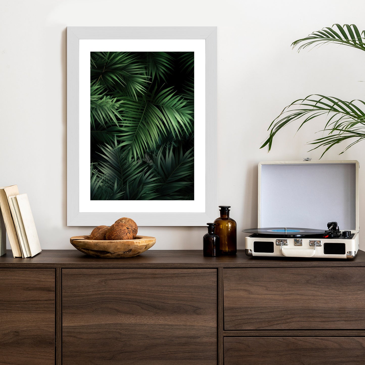 Poster Dunkle Bambusblätter Rahmen Holz Mit Passepartout Farbe Natürlich