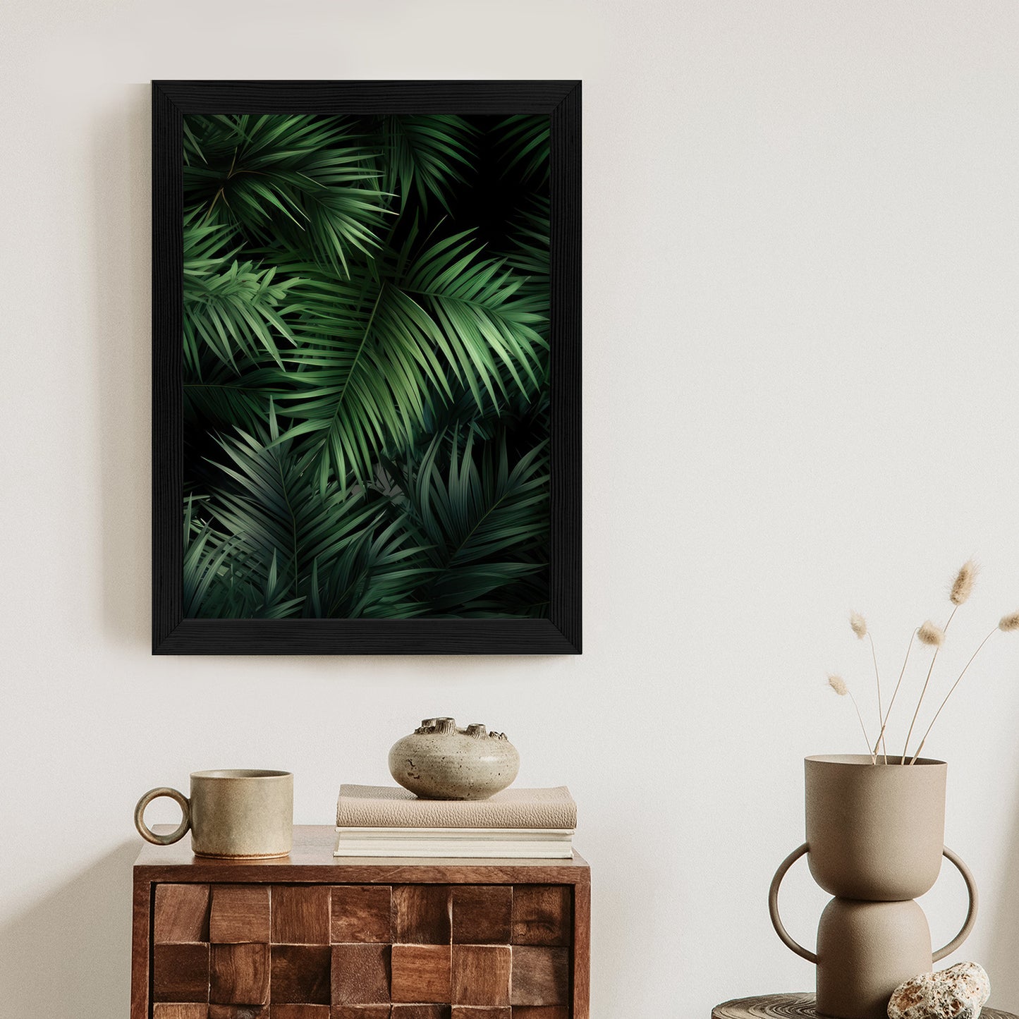 Poster Dunkle Bambusblätter Rahmen Holz Mit Passepartout Farbe Natürlich