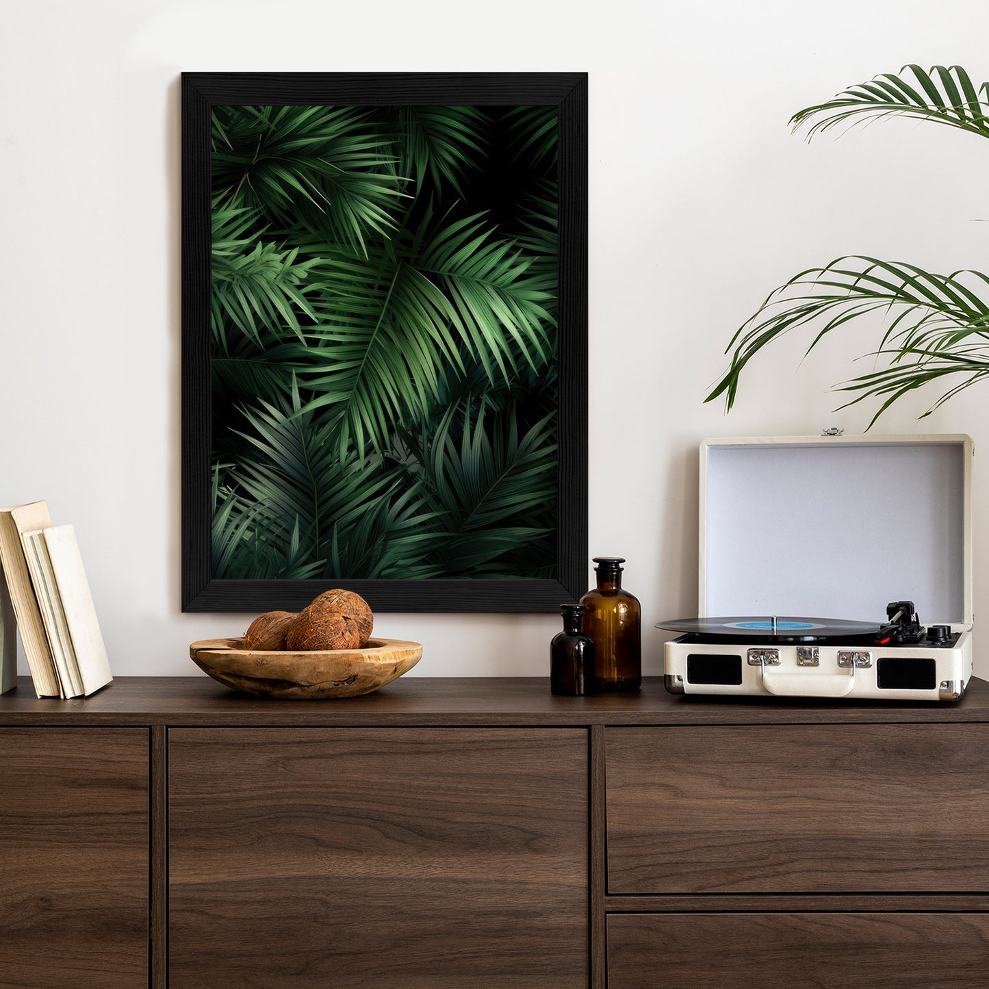 Poster Dunkle Bambusblätter Rahmen Holz Mit Passepartout Farbe Natürlich