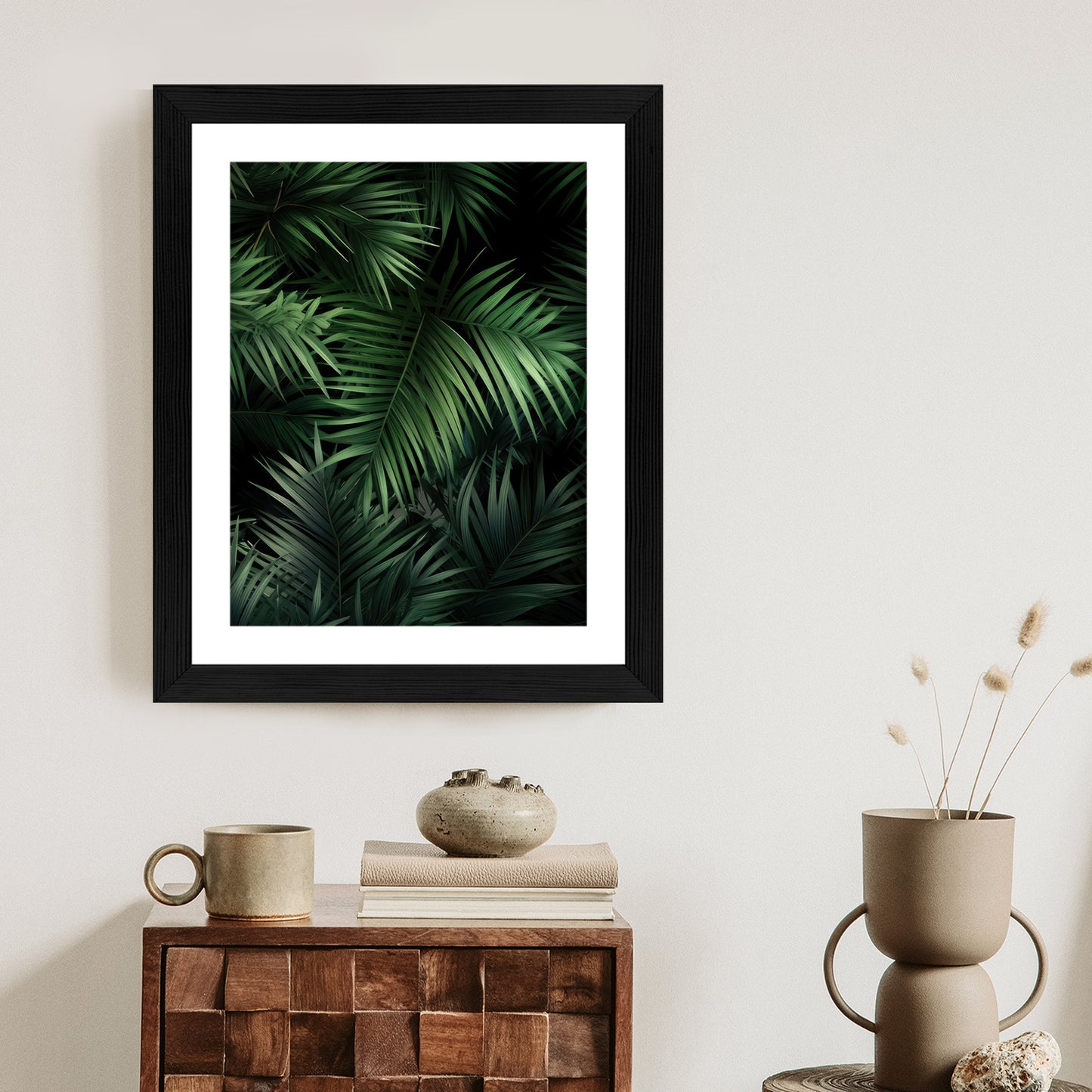 Poster Dunkle Bambusblätter Rahmen Holz Mit Passepartout Farbe Natürlich