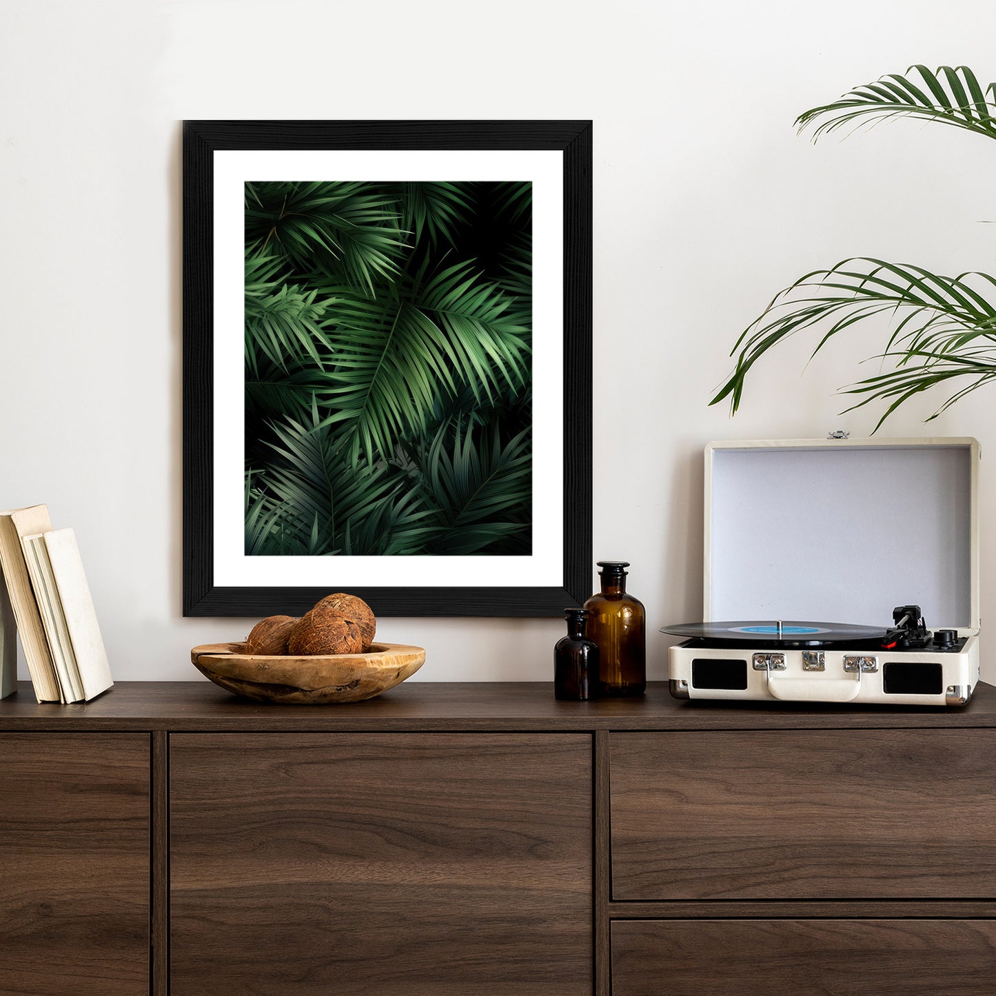 Poster Dunkle Bambusblätter Rahmen Holz Mit Passepartout Farbe Natürlich