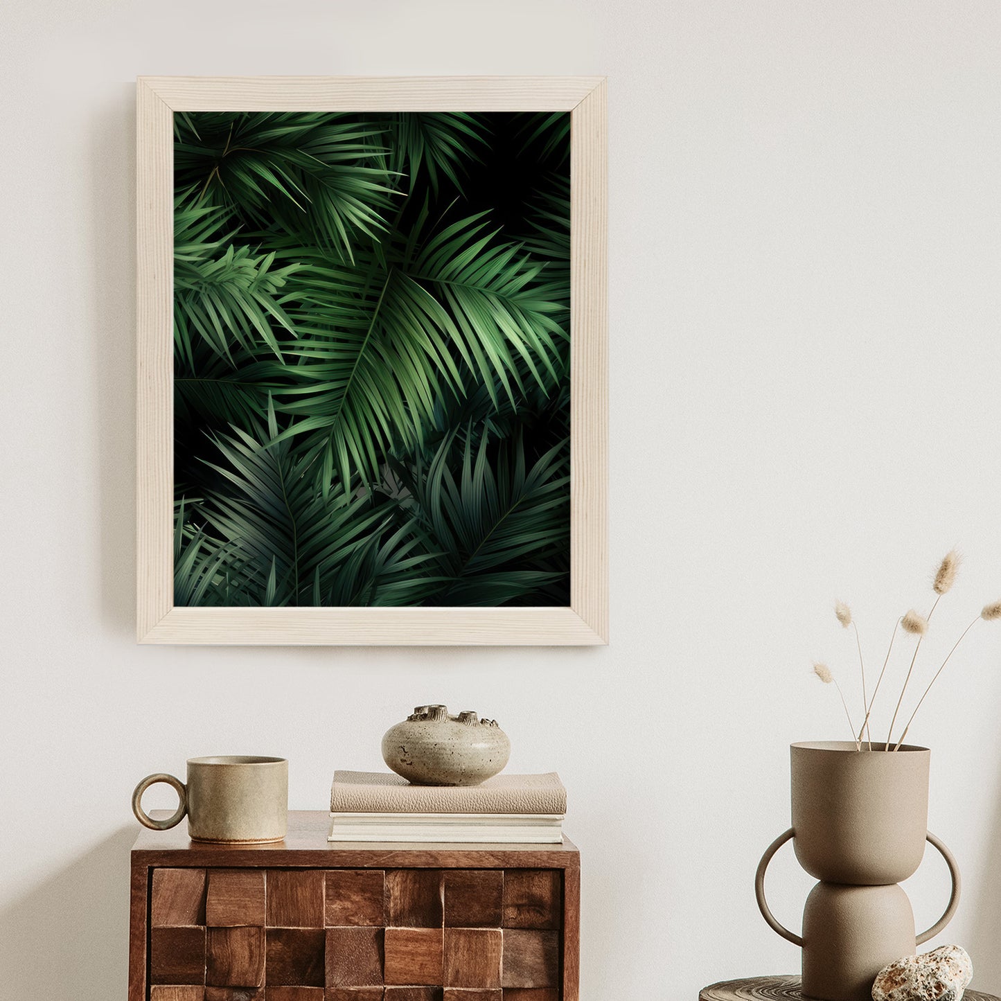 Poster Dunkle Bambusblätter Rahmen Holz Mit Passepartout Farbe Natürlich