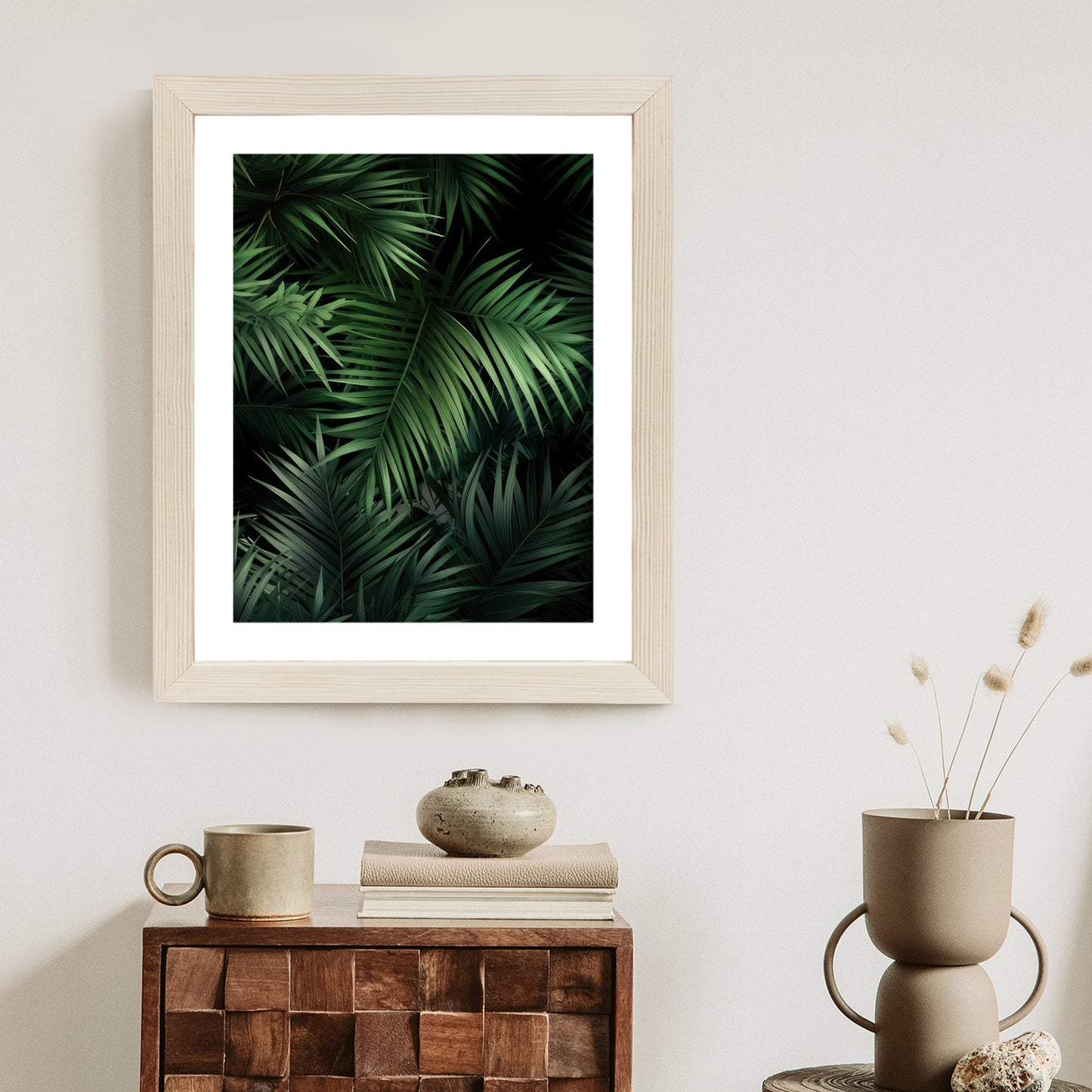 Poster Dunkle Bambusblätter Rahmen Holz Mit Passepartout Farbe Natürlich