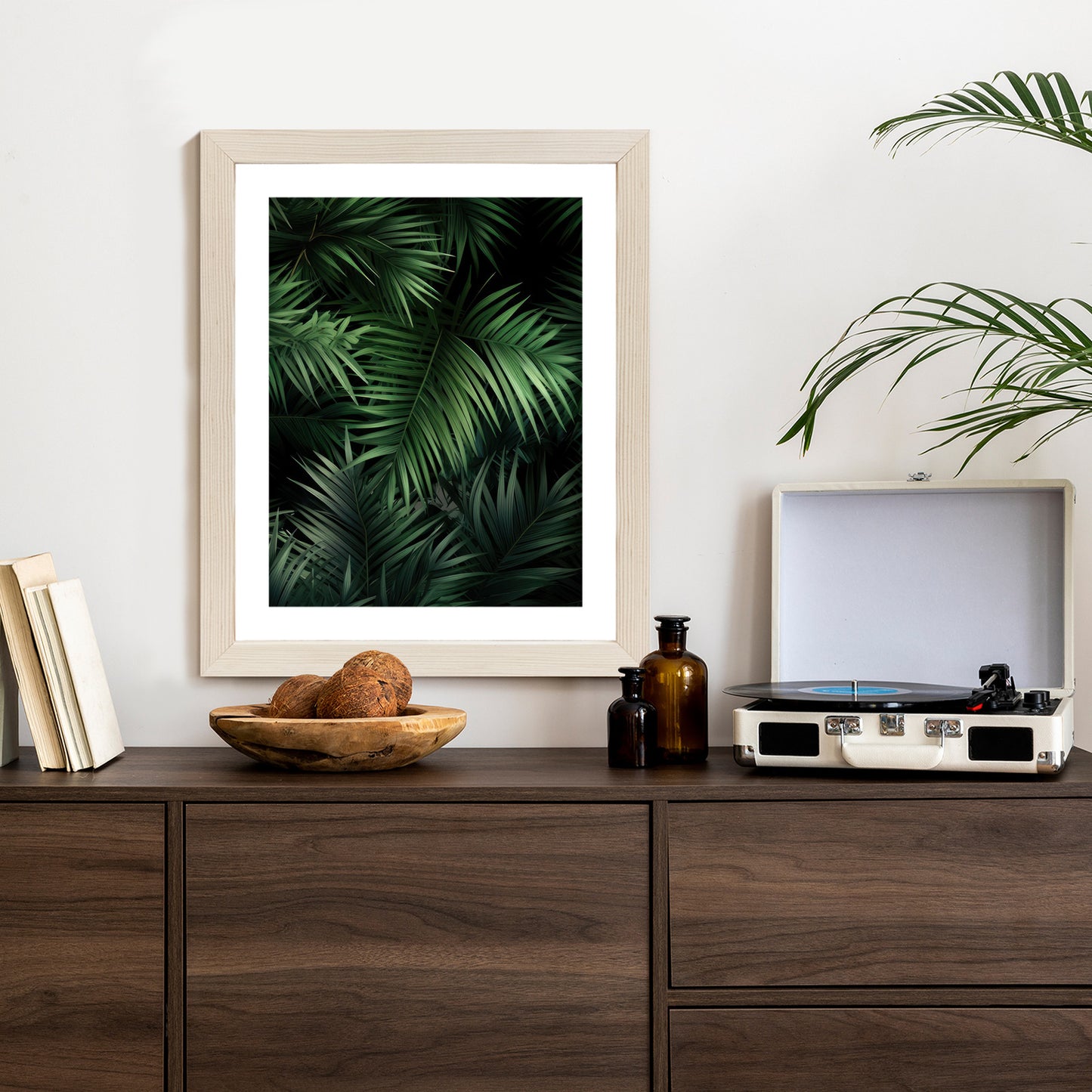 Poster Dunkle Bambusblätter Rahmen Holz Mit Passepartout Farbe Natürlich