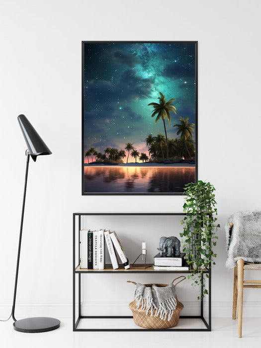 Poster Sternenstrand Auf Einer Tropischen Insel Mit Palmen Rahmen Holz Mit Passepartout Farbe Weiß