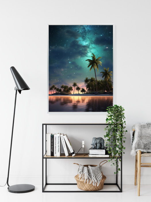 Poster Sternenstrand Auf Einer Tropischen Insel Mit Palmen Rahmen Holz Mit Passepartout Farbe Weiß