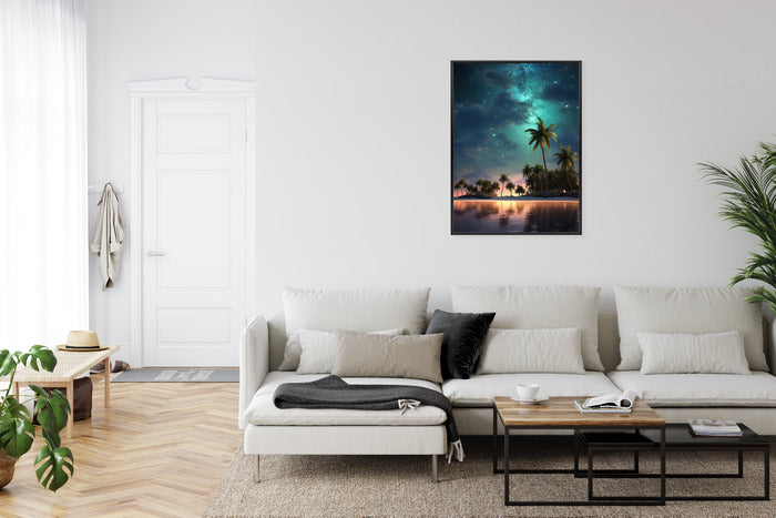 Poster Sternenstrand Auf Einer Tropischen Insel Mit Palmen Rahmen Holz Mit Passepartout Farbe Weiß