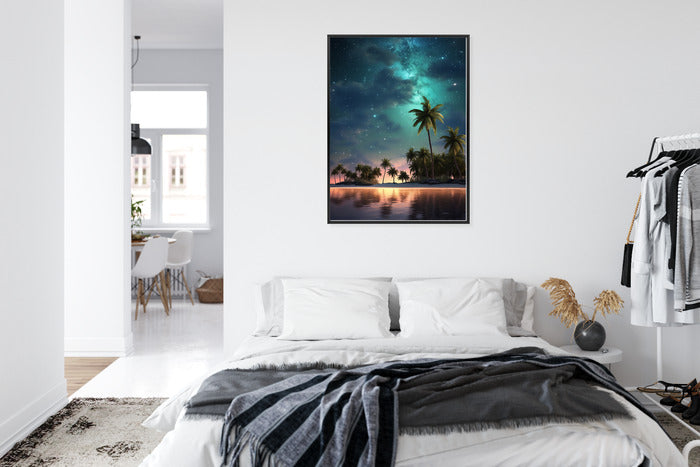 Poster Sternenstrand Auf Einer Tropischen Insel Mit Palmen Rahmen Holz Mit Passepartout Farbe Weiß