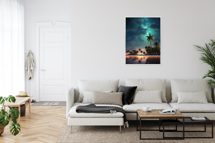Poster Sternenstrand Auf Einer Tropischen Insel Mit Palmen Rahmen Holz Mit Passepartout Farbe Weiß