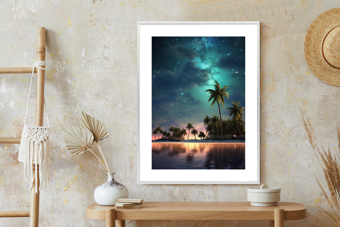 Poster Sternenstrand Auf Einer Tropischen Insel Mit Palmen Rahmen Holz Mit Passepartout Farbe Weiß
