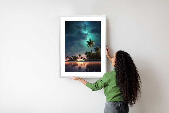 Poster Sternenstrand Auf Einer Tropischen Insel Mit Palmen Rahmen Holz Mit Passepartout Farbe Weiß