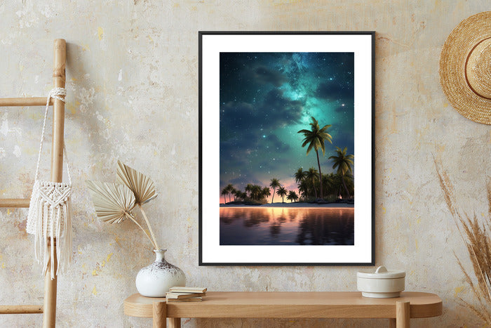 Poster Sternenstrand Auf Einer Tropischen Insel Mit Palmen Rahmen Holz Mit Passepartout Farbe Weiß