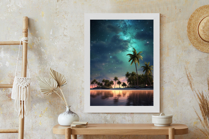 Poster Sternenstrand Auf Einer Tropischen Insel Mit Palmen Rahmen Holz Mit Passepartout Farbe Weiß