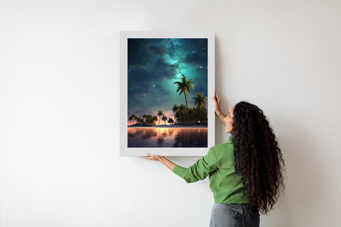 Poster Sternenstrand Auf Einer Tropischen Insel Mit Palmen Rahmen Holz Mit Passepartout Farbe Weiß