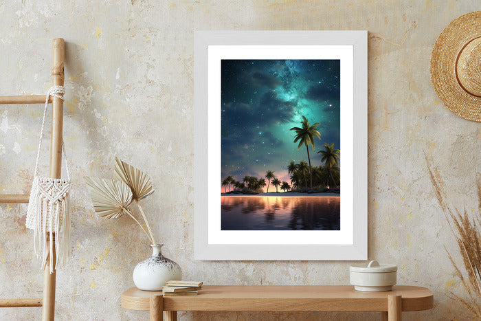 Poster Sternenstrand Auf Einer Tropischen Insel Mit Palmen Rahmen Holz Mit Passepartout Farbe Weiß