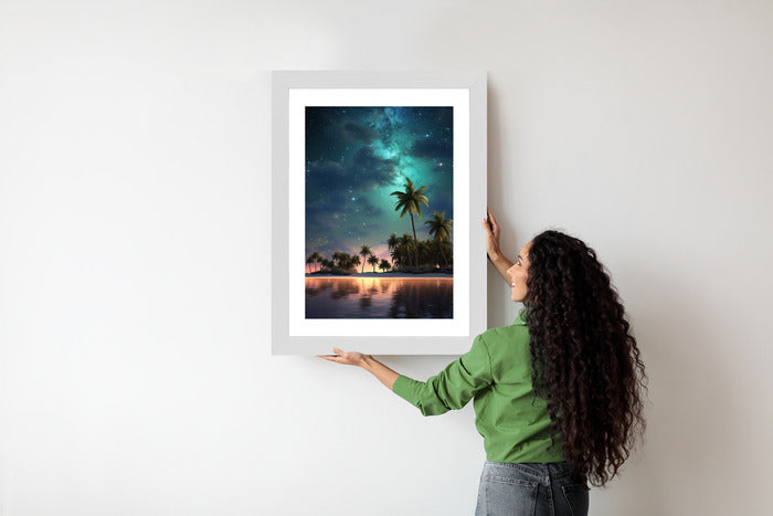 Poster Sternenstrand Auf Einer Tropischen Insel Mit Palmen Rahmen Holz Mit Passepartout Farbe Weiß