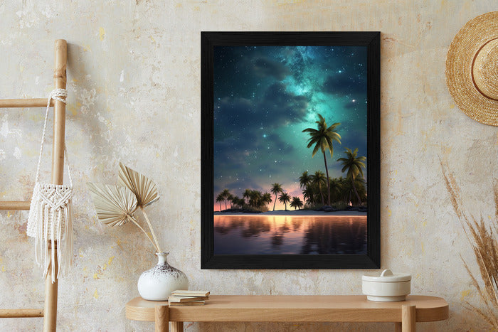 Poster Sternenstrand Auf Einer Tropischen Insel Mit Palmen Rahmen Holz Mit Passepartout Farbe Weiß