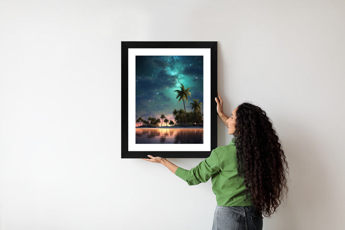 Poster Sternenstrand Auf Einer Tropischen Insel Mit Palmen Rahmen Holz Mit Passepartout Farbe Weiß