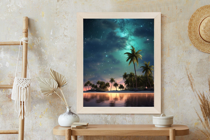 Poster Sternenstrand Auf Einer Tropischen Insel Mit Palmen Rahmen Holz Mit Passepartout Farbe Weiß