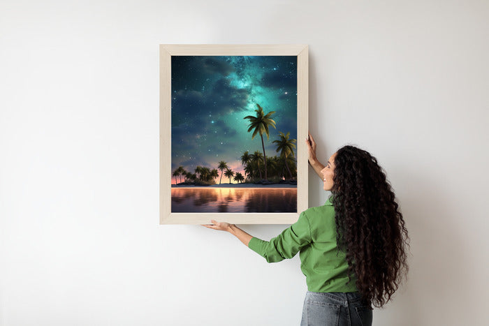 Poster Sternenstrand Auf Einer Tropischen Insel Mit Palmen Rahmen Holz Mit Passepartout Farbe Weiß