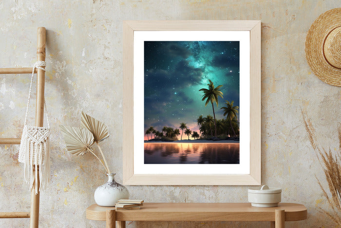 Poster Sternenstrand Auf Einer Tropischen Insel Mit Palmen Rahmen Holz Mit Passepartout Farbe Weiß
