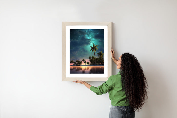 Poster Sternenstrand Auf Einer Tropischen Insel Mit Palmen Rahmen Holz Mit Passepartout Farbe Weiß