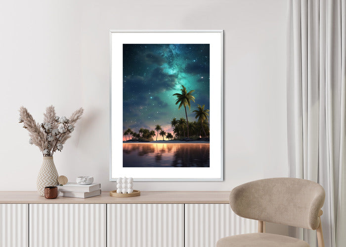 Poster Sternenstrand Auf Einer Tropischen Insel Mit Palmen Rahmen Holz Mit Passepartout Farbe Weiß