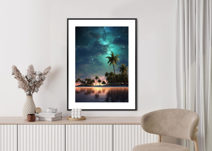 Poster Sternenstrand Auf Einer Tropischen Insel Mit Palmen Rahmen Holz Mit Passepartout Farbe Weiß