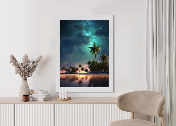 Poster Sternenstrand Auf Einer Tropischen Insel Mit Palmen Rahmen Holz Mit Passepartout Farbe Weiß