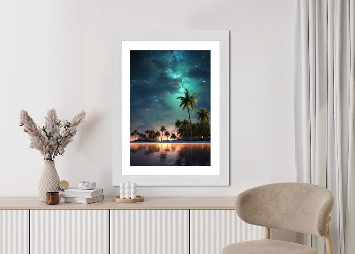 Poster Sternenstrand Auf Einer Tropischen Insel Mit Palmen Rahmen Holz Mit Passepartout Farbe Weiß