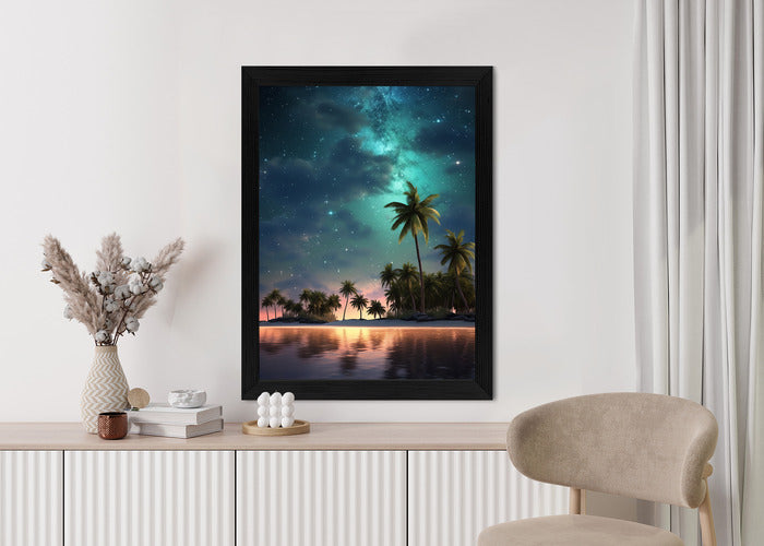 Poster Sternenstrand Auf Einer Tropischen Insel Mit Palmen Rahmen Holz Mit Passepartout Farbe Weiß