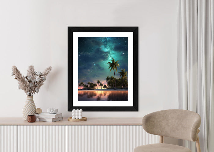 Poster Sternenstrand Auf Einer Tropischen Insel Mit Palmen Rahmen Holz Mit Passepartout Farbe Weiß