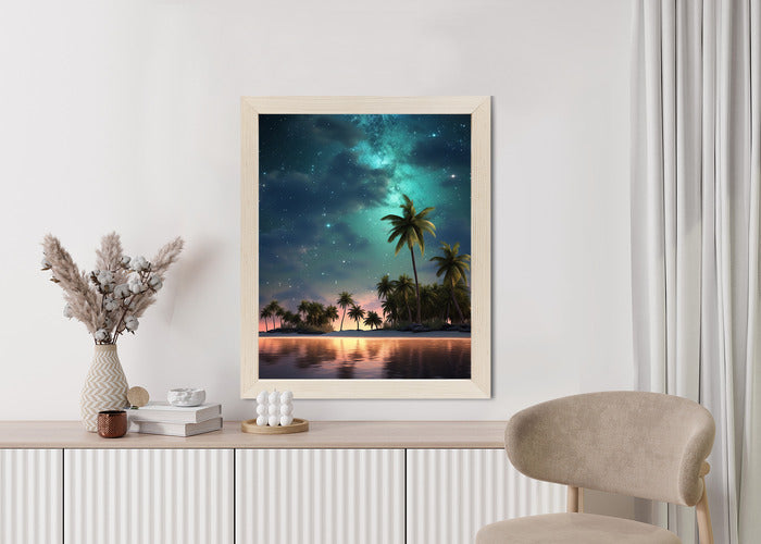 Poster Sternenstrand Auf Einer Tropischen Insel Mit Palmen Rahmen Holz Mit Passepartout Farbe Weiß