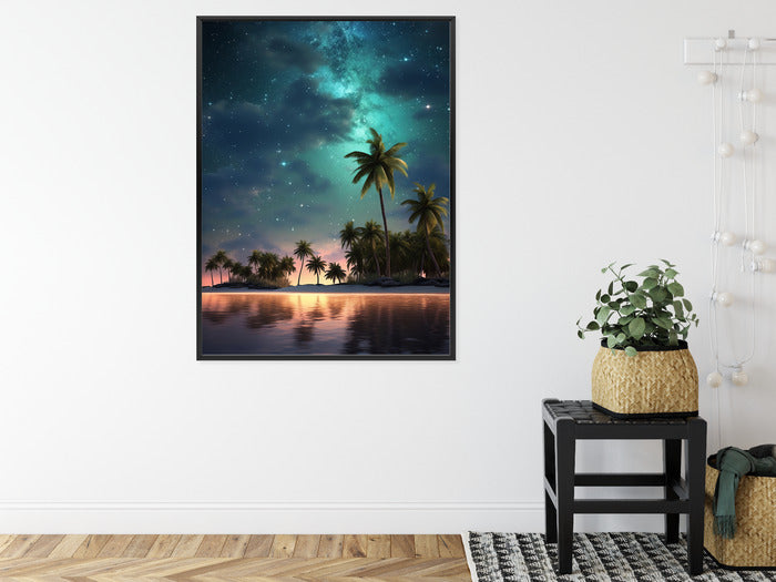 Poster Sternenstrand Auf Einer Tropischen Insel Mit Palmen Rahmen Holz Mit Passepartout Farbe Weiß