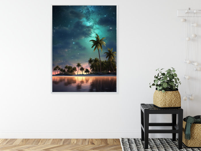Poster Sternenstrand Auf Einer Tropischen Insel Mit Palmen Rahmen Holz Mit Passepartout Farbe Weiß
