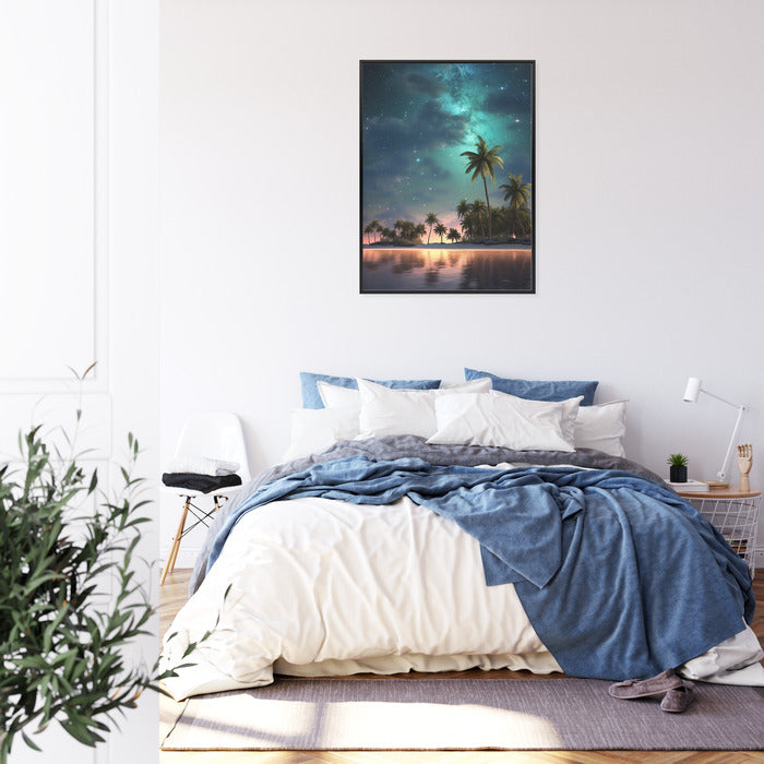 Poster Sternenstrand Auf Einer Tropischen Insel Mit Palmen Rahmen Holz Mit Passepartout Farbe Weiß