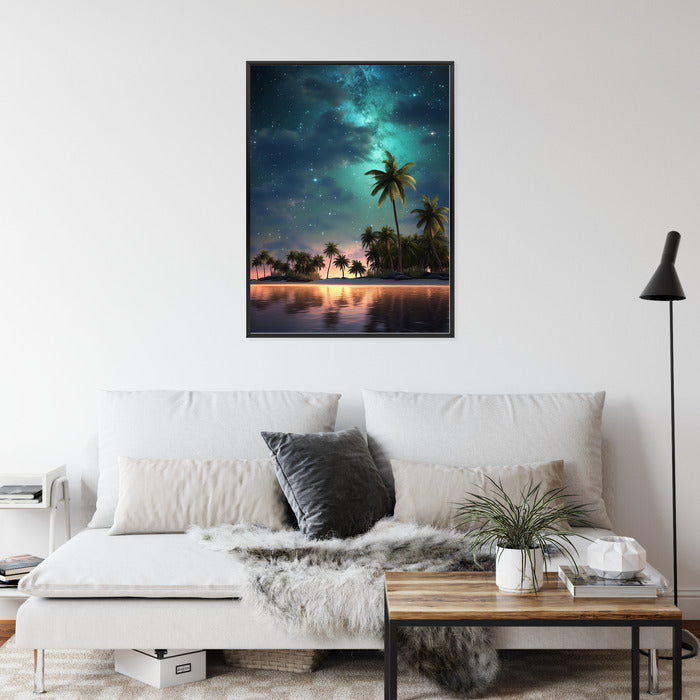 Poster Sternenstrand Auf Einer Tropischen Insel Mit Palmen Rahmen Holz Mit Passepartout Farbe Weiß