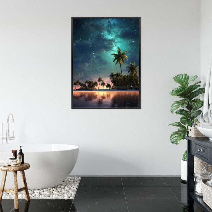 Poster Sternenstrand Auf Einer Tropischen Insel Mit Palmen Rahmen Holz Mit Passepartout Farbe Weiß