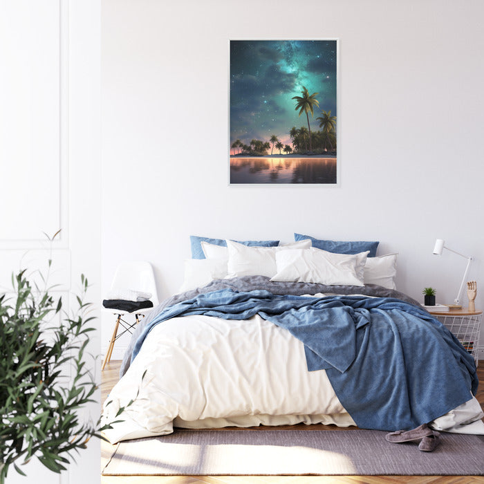 Poster Sternenstrand Auf Einer Tropischen Insel Mit Palmen Rahmen Holz Mit Passepartout Farbe Weiß