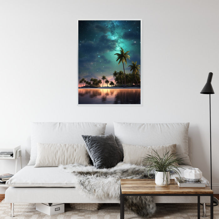Poster Sternenstrand Auf Einer Tropischen Insel Mit Palmen Rahmen Holz Mit Passepartout Farbe Weiß