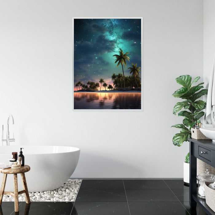 Poster Sternenstrand Auf Einer Tropischen Insel Mit Palmen Rahmen Holz Mit Passepartout Farbe Weiß