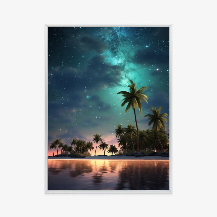 Poster Sternenstrand Auf Einer Tropischen Insel Mit Palmen Rahmen Holz Mit Passepartout Farbe Weiß