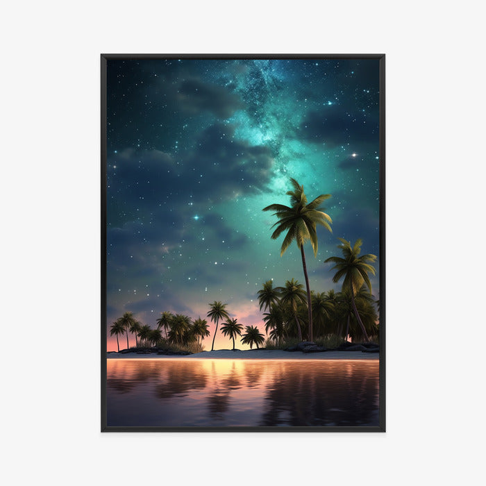 Poster Sternenstrand Auf Einer Tropischen Insel Mit Palmen Rahmen Holz Mit Passepartout Farbe Weiß