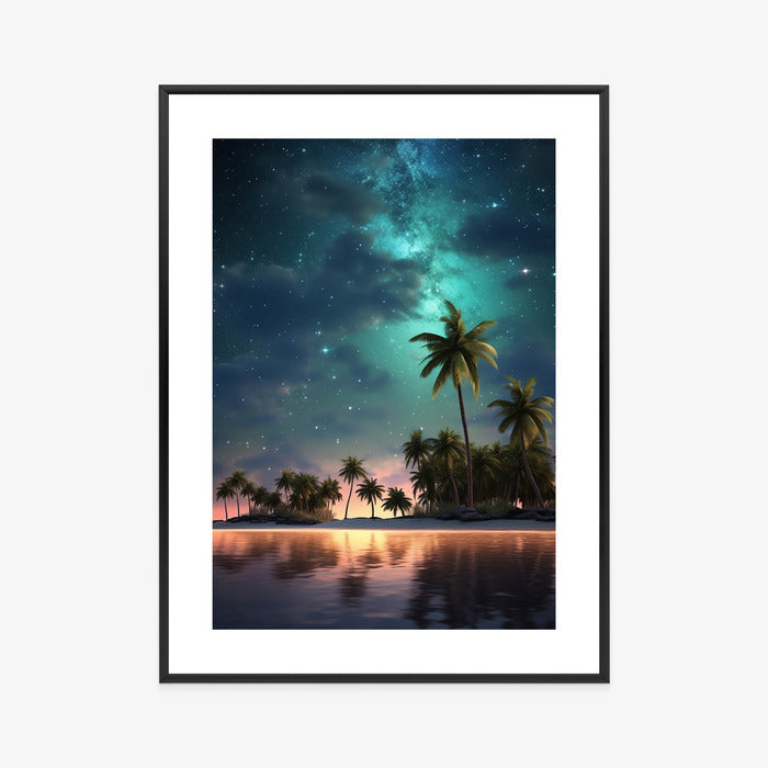 Poster Sternenstrand Auf Einer Tropischen Insel Mit Palmen Rahmen Holz Mit Passepartout Farbe Weiß